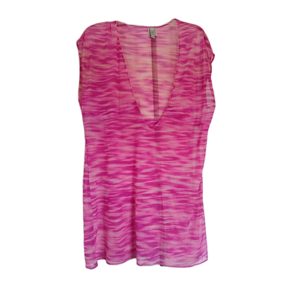 Becca Women size M or L Swim Suit Cover Up Top Pink Magenta Tie Dye Sheer Beachy